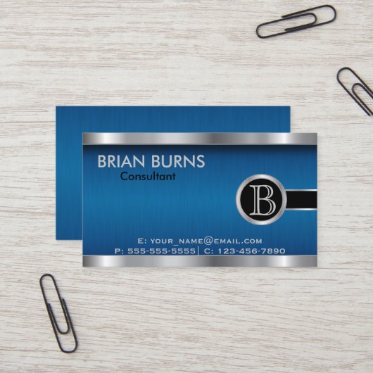 エグゼクティブブルーブラシとスチールモノグラム 名刺 (正面/裏面インサイチュ)