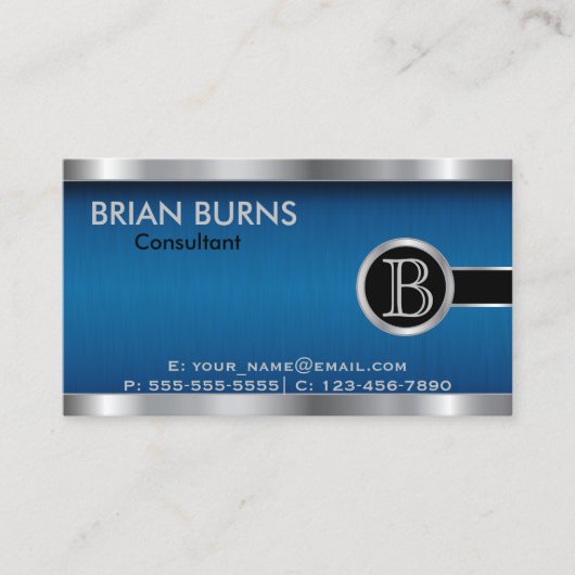 エグゼクティブブルーブラシとスチールモノグラム 名刺 (正面)