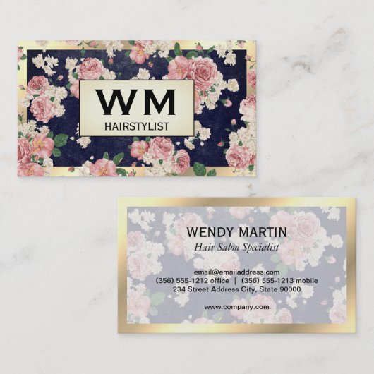 エグゼクティブ金ゴールドフレームブルー石板フローラルパターン 名刺 (正面/裏面)