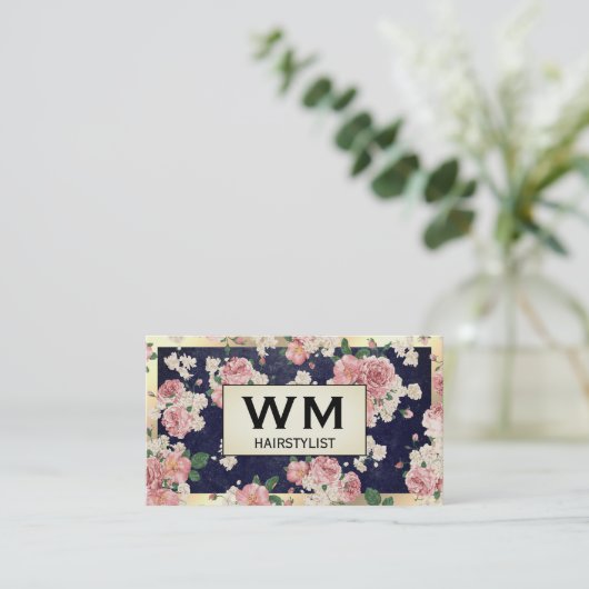 エグゼクティブ金ゴールドフレームブルー石板フローラルパターン 名刺 (スタンド正面)