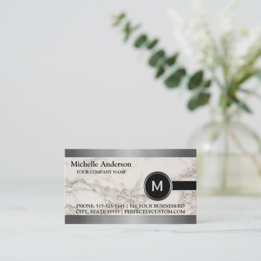 エグゼクパーソナライズされたモダンティブグレイ大理石モノグラム 名刺 (スタンド正面)