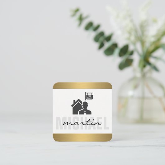 エグゼク実在ティブエステート・エージェント・金ゴールド・トリム スクエア名刺 (スタンド正面)