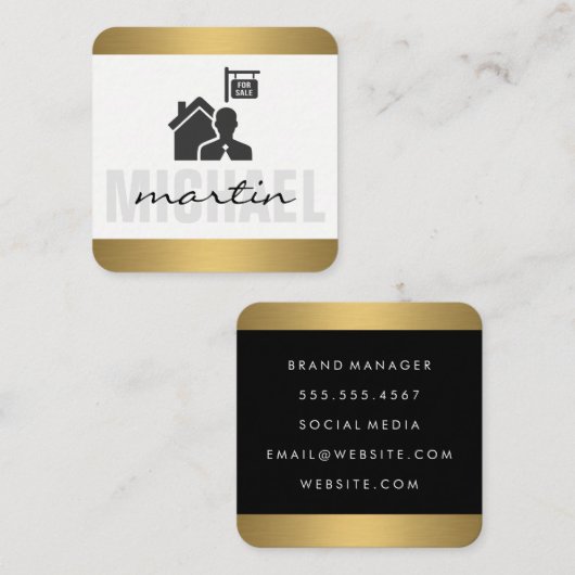 エグゼク実在ティブエステート・エージェント・金ゴールド・トリム スクエア名刺 (正面/裏面)