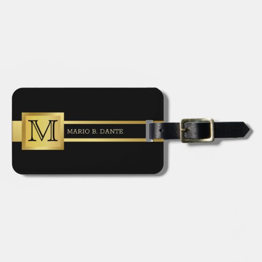 エグゼク男らしティブブラック&シルバーメタルモノグラム ラゲッジタグ (正面横)