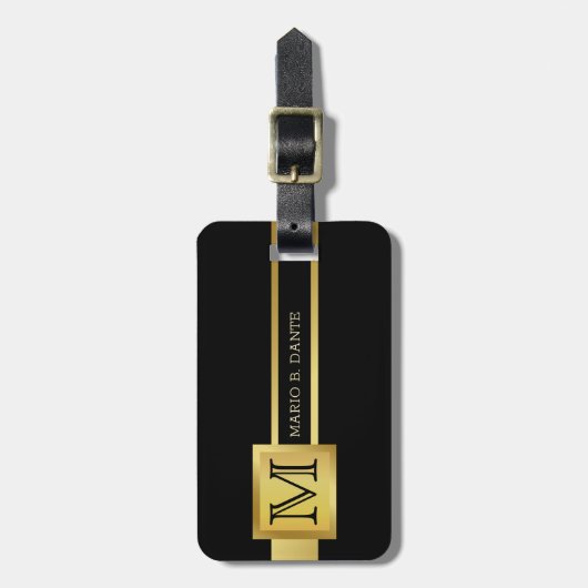 エグゼク男らしティブブラック&シルバーメタルモノグラム ラゲッジタグ (正面縦)