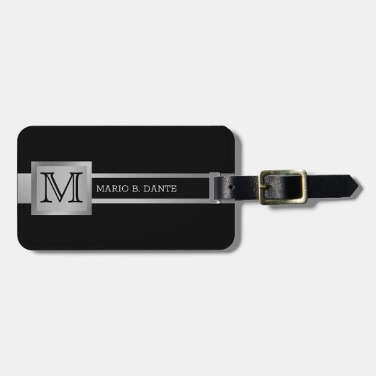 エグゼク男らしティブブラック&シルバーメタルモノグラム ラゲッジタグ (正面横)