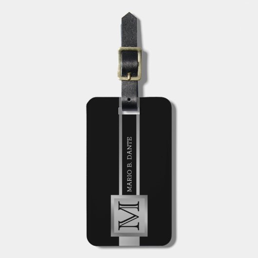 エグゼク男らしティブブラック&シルバーメタルモノグラム ラゲッジタグ (正面縦)