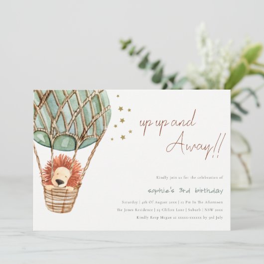 エコグリーンホットエアバルーンライオンキッド誕生日招待状 サンキューカード (スタンド正面)