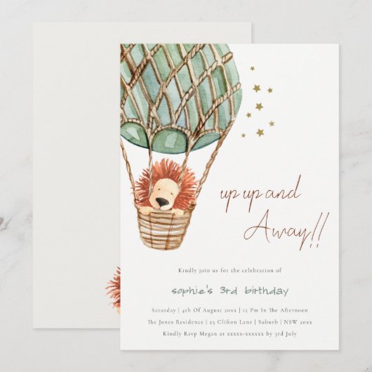 エコグリーンホットエアバルーンライオンキッド誕生日招待状 サンキューカード (正面/裏面)