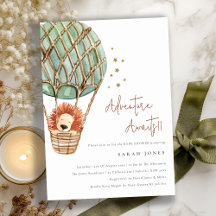 エコグリーンホットエアバルーンライオンベビーシャワー招待状