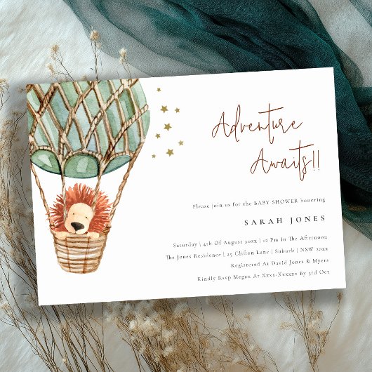 エコグリーンホットエアバルーンライオンベビーシャワー招待状 サンキューカード