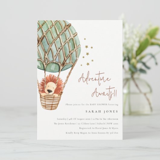 エコグリーンホットエアバルーンライオンベビーシャワー招待状 サンキューカード (スタンド正面)