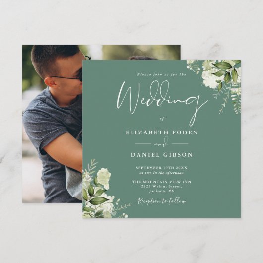 エコロジカルグリーンフローラルフォトスクエアウェディング 招待状 (正面/裏面)