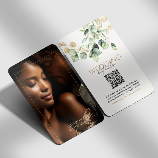エコロジカルグリーン＆ゴールド フォトQRコード ウェディング RSVP エンクロージャーカード