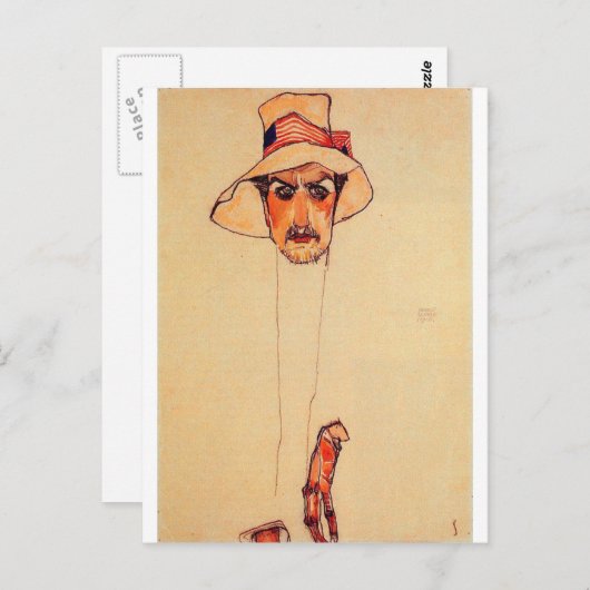 エゴン・シエレポートレート – フロッピーハットをかぶった男性の写真 ポストカード (正面/裏面)