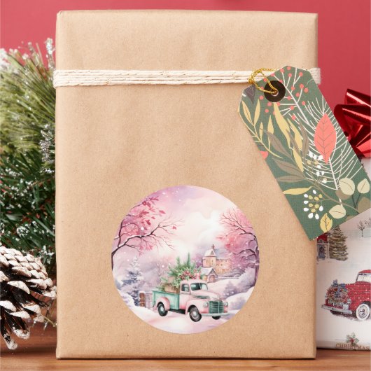 エザーアルパステルヴィンテージピンク&グリーントラック ラウンドシール (クリスマス)