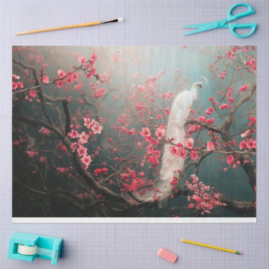 エザーアルホワイトピーコック、さくらんぼ花咲き木 薄葉紙 (クラフト)