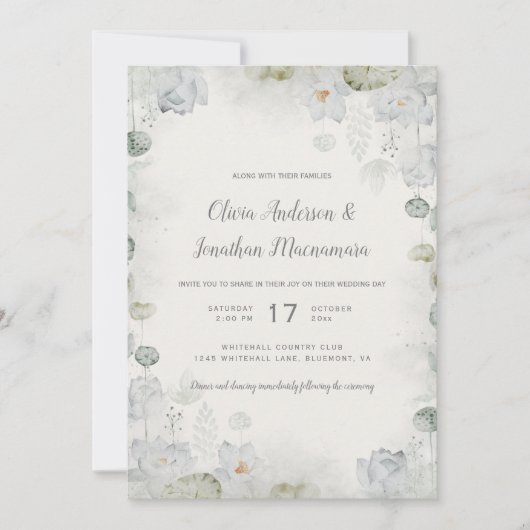 エザーアルホワイトフローラセージグリーンティール（緑がかった色）アイボリー 招待状 (正面)