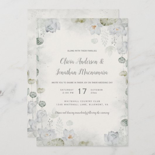 エザーアルホワイトフローラセージグリーンティール（緑がかった色）アイボリー 招待状 (正面/裏面)