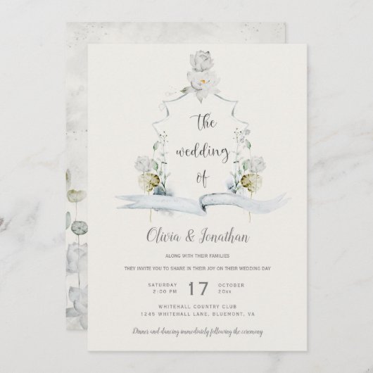 エザーアルホワイトフローラセージ緑結婚の紋章 招待状 (正面/裏面)