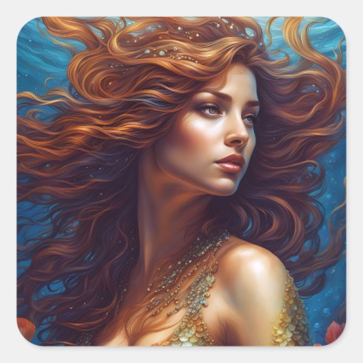 エザーアルマーメイドアートプリントファンタジー水中海 スクエアシール (正面)