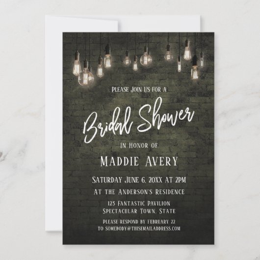 エジソン電球付き工業レンガのウェディングシャワー 招待状 (正面)