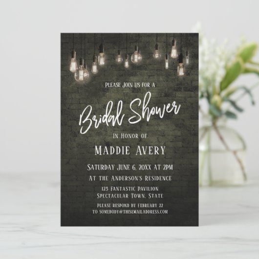 エジソン·ライト付き工業用レンガブライダルシャワー 招待状 (スタンド正面)