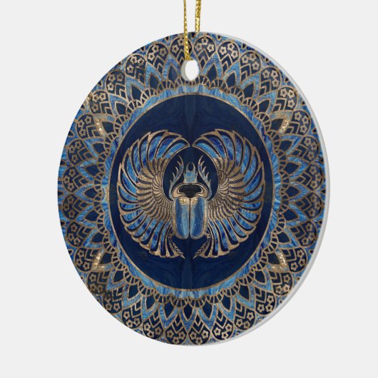 エジプトのオオタマオシコガネのカブトムシの金ゴールドおよび青い大理石 セラミックオーナメント (左)