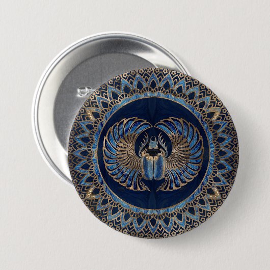 エジプトのオオタマオシコガネのカブトムシの金ゴールドおよび青い大理石 缶バッジ (正面&裏面)