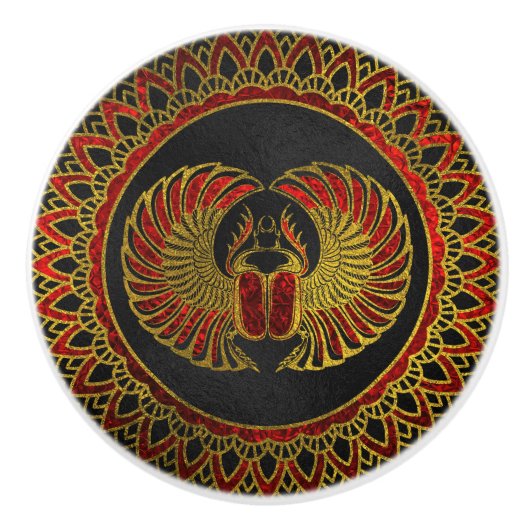 エジプトのオオタマオシコガネのカブトムシ-金ゴールドおよび赤い金属 セラミックノブ (正面)