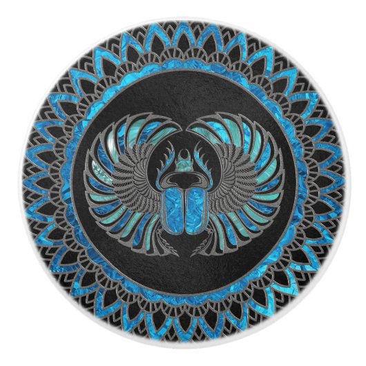 エジプトのオオタマオシコガネのカブトムシ-金ゴールドおよび青いガラス セラミックノブ (正面)