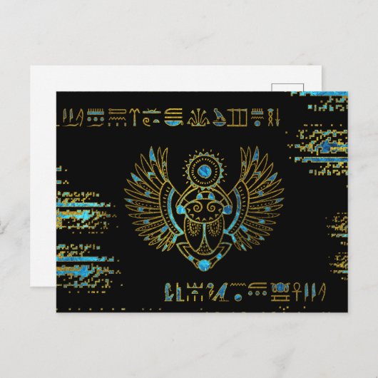 エジプトのスカラブカブトムシ金ゴールドと青いステンドグラス ポストカード (正面/裏面)