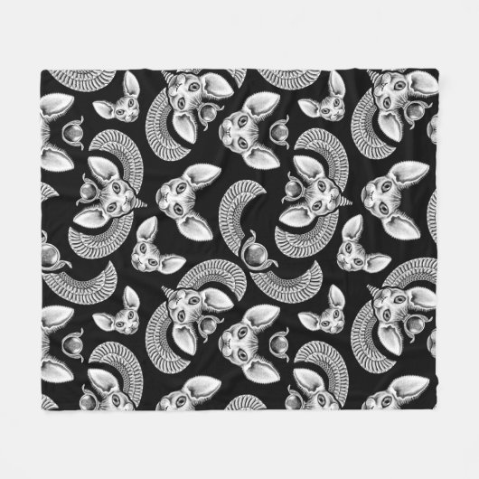 エジプトのスフィンクス猫好きブラックゴシック フリースブランケット (正面(横))