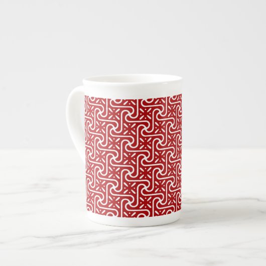 エジプトのタイルパターン、暗赤と白色 ボーンチャイナマグカップ (正面左)