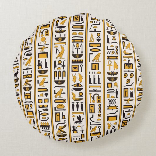 エジプトのハイエログリフの黄黒のシームレスな色 ラウンドクッション (裏面)