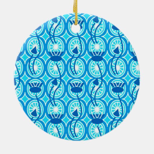 エジプトのハス模様、コバルトとターコイズ セラミックオーナメント (裏面)