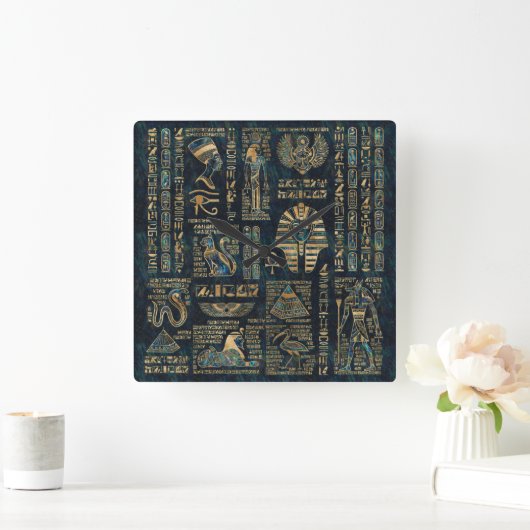 エジプトのヒエログリフおよび神-アワビおよび金ゴールド スクエア壁時計 (ホーム)