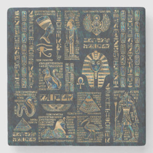 エジプトのヒエログリフおよび神-アワビおよび金ゴールド ストーンコースター