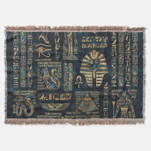 エジプトのヒエログリフおよび神-アワビおよび金ゴールド スローブランケット (正面)