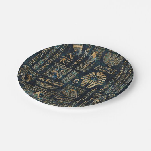 エジプトのヒエログリフおよび神-アワビおよび金ゴールド ペーパープレート (アングル)