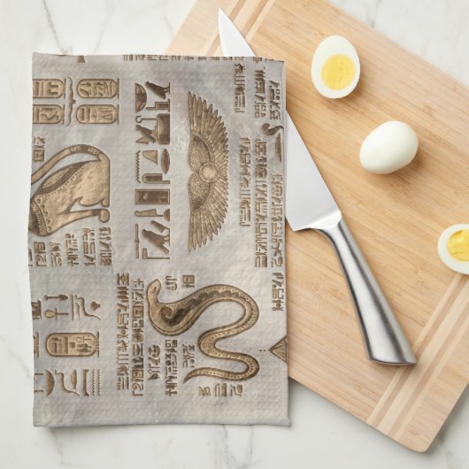 エジプトのヒエログリフおよび神-ヴィンテージの金ゴールド キッチンタオル (四つ折り)