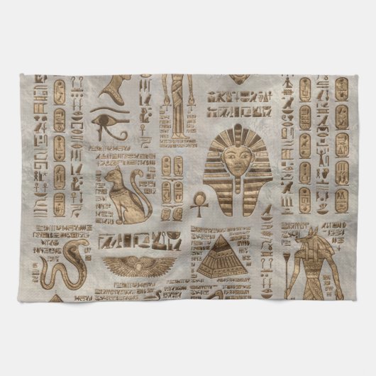 エジプトのヒエログリフおよび神-ヴィンテージの金ゴールド キッチンタオル (横)