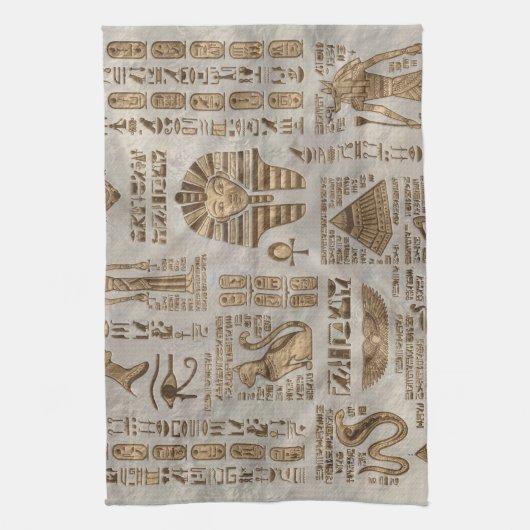 エジプトのヒエログリフおよび神-ヴィンテージの金ゴールド キッチンタオル (縦)
