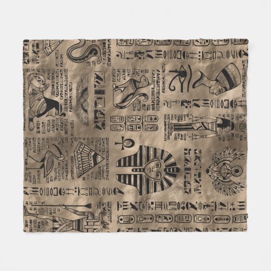 エジプトのヒエログリフおよび神-贅沢な金ゴールド フリースブランケット (正面(横))