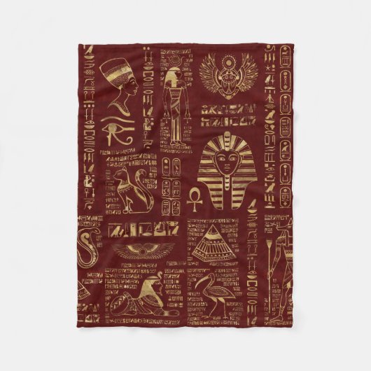エジプトのヒエログリフおよび記号の赤の革 フリースブランケット (正面)
