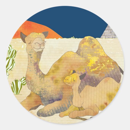 エジプトのラクダとピラミッド ラウンドシール (正面)