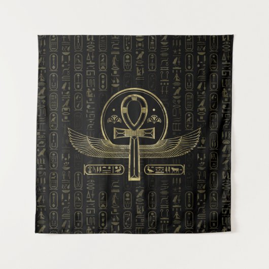 エジプトの交差のAnkh -金ゴールドおよび黒 タペストリー (正面)
