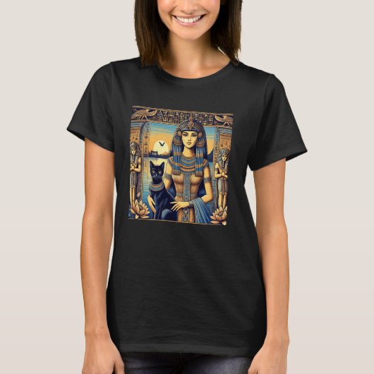 エジプトの女王が立つ猫の寺ヒエログリフPo Tシャツ (正面)