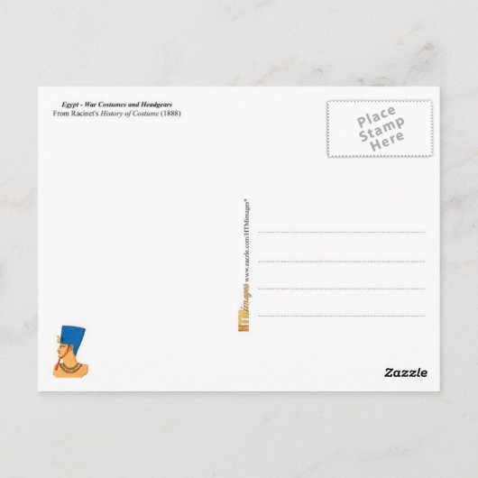 エジプトの戦争コスチュームとヘッドギア ポストカード (裏面)