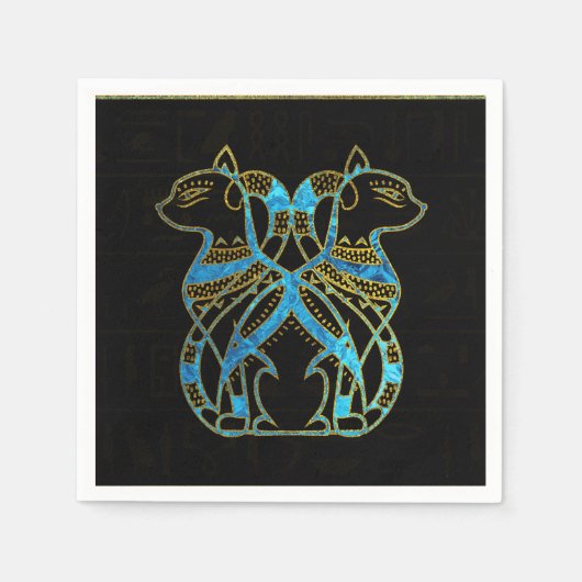 エジプトの猫金ゴールドと青いステンドグラス スタンダードカクテルナプキン (正面)